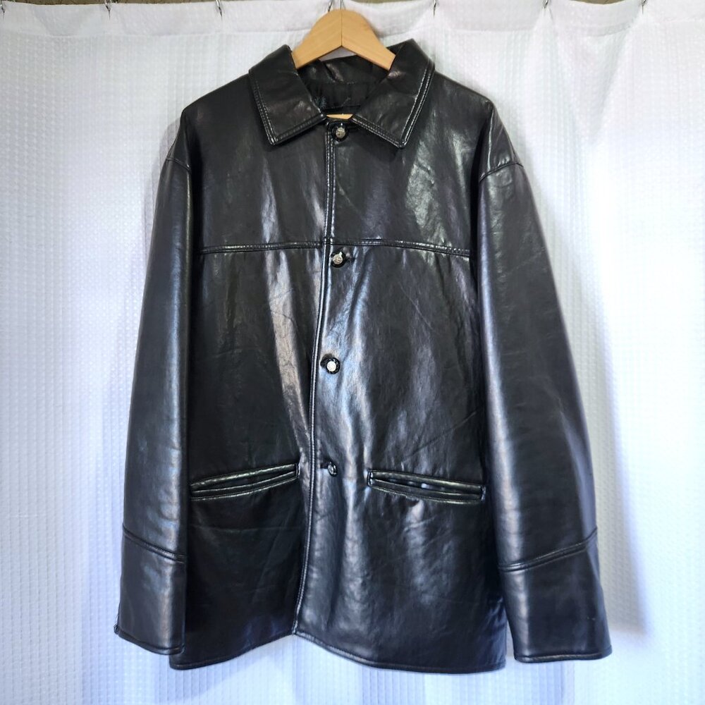 Men’s Faux Leather Coat Black Lined Jacket Hip Length Hand‑Made Italy GV Est- LG